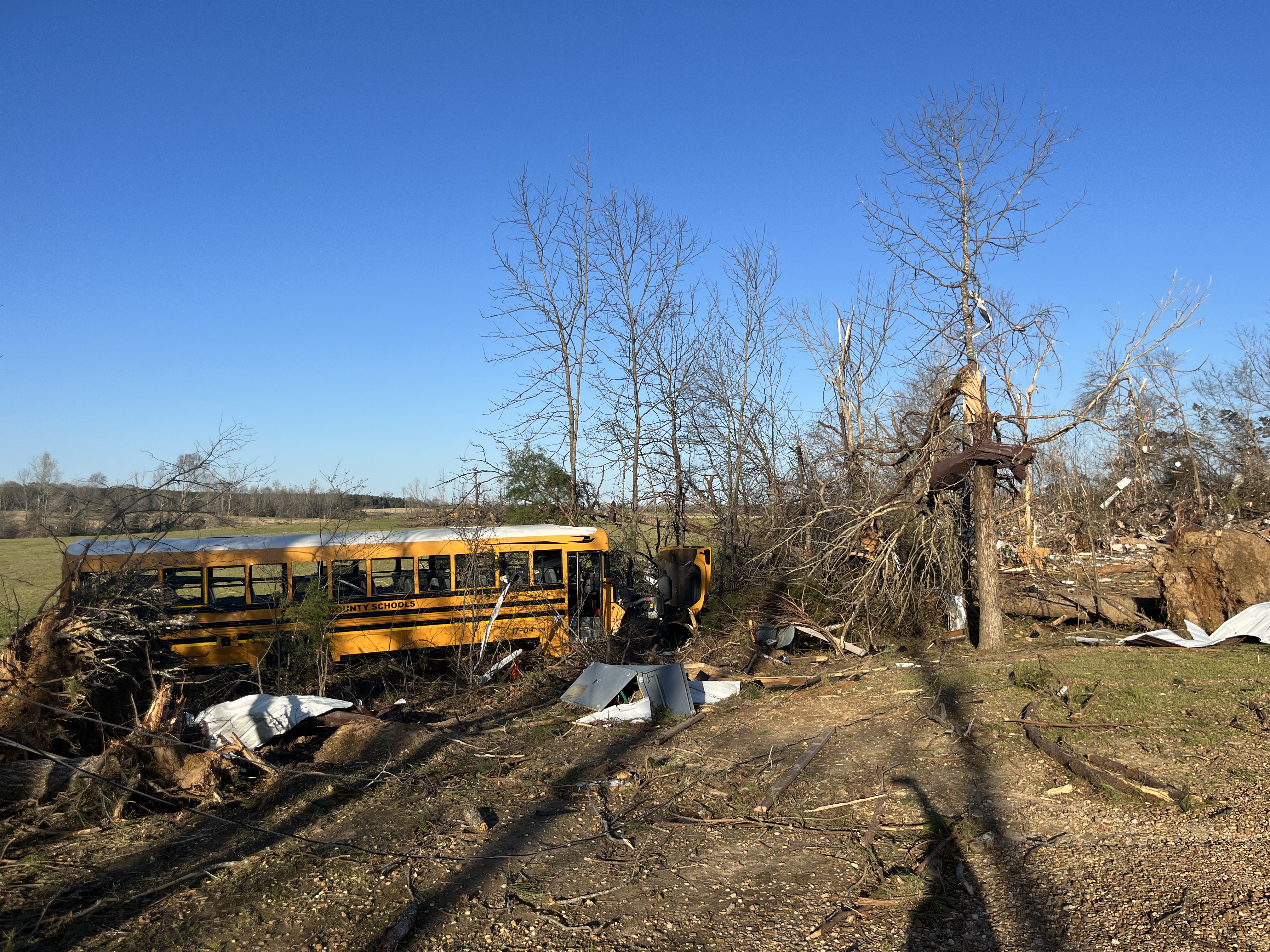 School bus and debris after tornado
