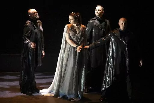 In this Dec. 29, 2021, photo provided by the Fondazione Teatro Comunale di Ferrara, singers perform in Antonio Vivaldi's "Il Farnace" in Ferrara, Italy. The Catholic Church and the city of Ferrara are making their peace with Vivaldi nearly 300 years after the city's archbishop canceled the staging of one of his operas, sending the famed Baroque composer into debt for his final years in exile. The decision was hailed by the theater's artistic director Marcello Corvino as a "marvelous gesture" tha