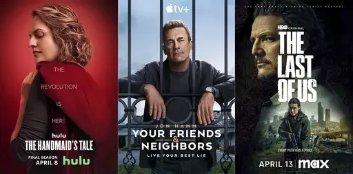 This combination of images shows promotional art for "The Handmaid's Tale" from left, "Your Friends & Neighbors and "The Last of Us." (Hulu/Apple TV+/Max via AP)