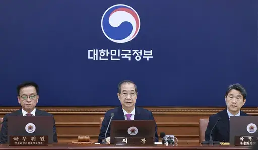 South Korean acting President Han Duck-soo, center, speaks during a Cabinet meeting at the government complex in Seoul, South Korea, Tuesday, April 8, 2025. (Hong Hae-in/Yonhap via AP)