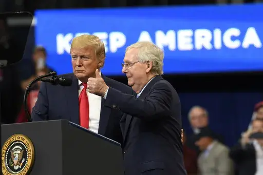 President Donald Trump brings Senate Majority Leader Mitch McConnell of Ky., on stage during a campaign rally in Lexington, Ky., Nov. 4, 2019. (AP Photo/Susan Walsh, File)