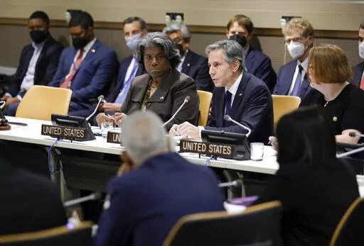 Secretary of State Antony Blinken sits with Linda Thomas-Greenfield, United States ambassador to the United Nations, as they meet with African ministers at United Nations headquarters, May 18, 2022. Russian, French and American leaders are crisscrossing Africa Wednesday, July 27, 2022, to win support for their positions on the war in Ukraine, an intense competition for influence the continent has not seen since the Cold War. (Eduardo Munoz/Pool Photo via AP, File)