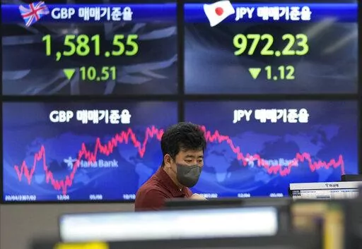 A currency trader watches monitors at the foreign exchange dealing room of the KEB Hana Bank headquarters in Seoul, South Korea, Tuesday, May 3, 2022. Asian shares are mixed in light “Golden Week” trading with markets in China, Japan and some other countries closed for holidays. (AP Photo/Ahn Young-joon)
