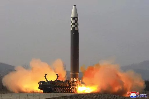 This photo distributed by the North Korean government shows what it says a test-fire of a Hwasong-17 intercontinental ballistic missile (ICBM), at an undisclosed location in North Korea on March 24, 2022. Independent journalists were not given access to cover the event depicted in this image distributed by the North Korean government. The content of this image is as provided and cannot be independently verified. Korean language watermark on image as provided by source reads: "KCNA" which is the 