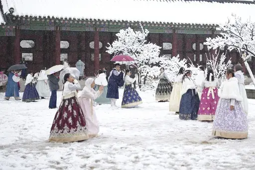 Visitors enjoy in snow at the Gyeongbok Palace, one of South Korea's well-known landmarks, in Seoul, South Korea, Wednesday, Nov. 27, 2024. (AP Photo/Lee Jin-man)