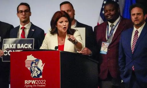 Gubernatorial candidate and former Lt. Gov. Rebecca Kleefisch addresses the audience during the Republican State Convention in Middleton, Wis., Saturday, May 21, 2022. (Ebony Cox/Milwaukee Journal-Sentinel via AP)