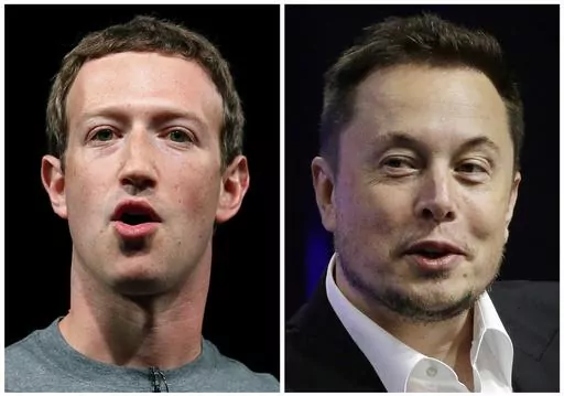 This combo of file images shows Facebook CEO Mark Zuckerberg, left, and Tesla and SpaceX CEO Elon Musk. Elon Musk says his potential in-person fight with Mark Zuckerberg would be streamed on his social media site X, formerly known as Twitter. “Zuck v Musk fight will be live-streamed on X,” Musk wrote in a post Sunday Aug. 6, 2023, on the platform. “All proceeds will go to charity for veterans.” (AP Photo/Manu Fernandez, Stephan Savoia, File)
