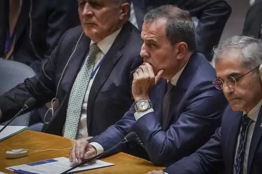 Azerbaijan's Foreign Minister Jeyhun Bayramov, center, listens during a United Nations Security Council meeting on the conflict between Armenia and Azerbaijan, Thursday Sept. 21, 2023 at U.N. headquarters. (AP Photo/Bebeto Matthews)
