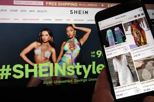 Pages from the Shein website, left, and from the Temu site, right, are shown in this photo, in New York, June 23, 2023. (AP Photo/Richard Drew, File)