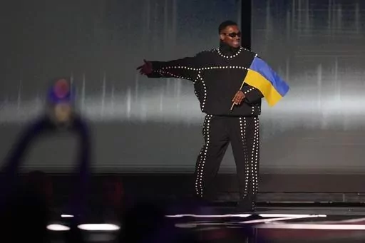 Tvorchi of Ukraine is introduced during dress rehearsals for the Grand final at the Eurovision Song Contest in Liverpool, England, Friday, May 12, 2023. (AP Photo/Martin Meissner)
