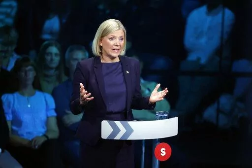 Prime minister Magdalena Andersson, leader of the Social Democrats, takes part in a political debate broadcasted on TV4 from Eskilstuna, Sweden, Thursday Sept. 8, 2022. General elections will be held in Sweden on September 11. (Christine Olsson/TT via AP)