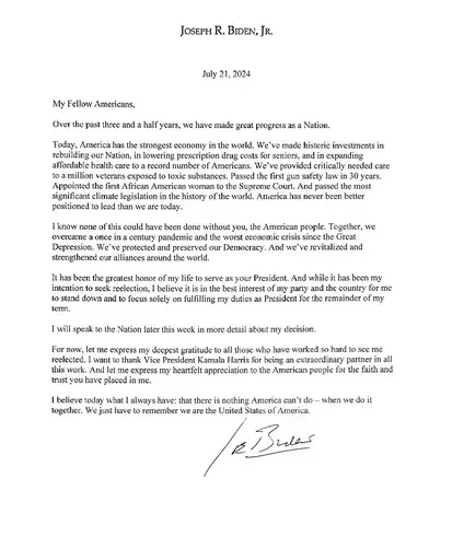 This screenshot taken from President Joe Biden's X account shows the letter that Biden wrote to announce that he was dropping out of the 2024 race for the White House on Sunday, July 21, 2024, and would no longer seek reelection. (X via AP)