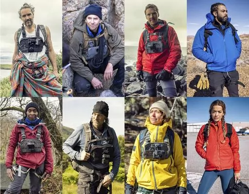 This combination of photos released by Nat Geo shows celebrities, top row from left, Russell Brand, Bradley Cooper, Benedict Cumberbatch, Daveed Diggs, bottom row from left, Cynthia Erivo, Troy Kotsur, Tatiana Maslany and Rita Ora in separate episodes of “Running Wild with Bear Grylls: The Challenge," premiering on July 9. (Nat Geo via AP)