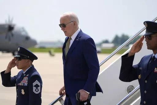 President Joe Biden arrives on Air Force One at Delaware Air National Guard Base in New Castle, Del., Saturday, May 25, 2024. (AP Photo/Alex Brandon)