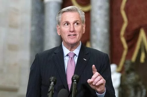 Speaker of the House Kevin McCarthy, R-Calif., speaks during a news conference in Statuary Hall at the Capitol in Washington, Thursday, Jan. 12, 2023. McCarthy rounded his first full week as House speaker in the most outwardly orderly way. There was hardly a hint of the chaotic, rebellious fight it took for the Republicans to arrive here, having barely installed him as the leader with the gavel. (AP Photo/Jose Luis Magana)