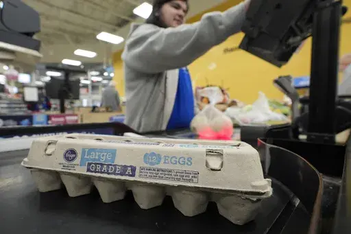 Cashier Josh Jimenez rings up egg for sale at a grocery store on Friday, Feb. 7, 2025, in Dallas. (AP Photo/LM Otero, File)
