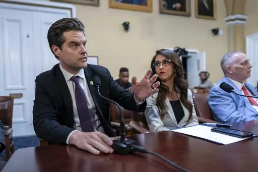 From left, Rep. Matt Gaetz, R-Fla., Rep. Lauren Boebert, R-Colo., and Rep. Scott Perry, R-Pa., propose amendments to the Department of Homeland Security Appropriations Bill before the House Rules Committee, at the Capitol in Washington, Friday, Sept. 22, 2023. (AP Photo/J. Scott Applewhite, File)
