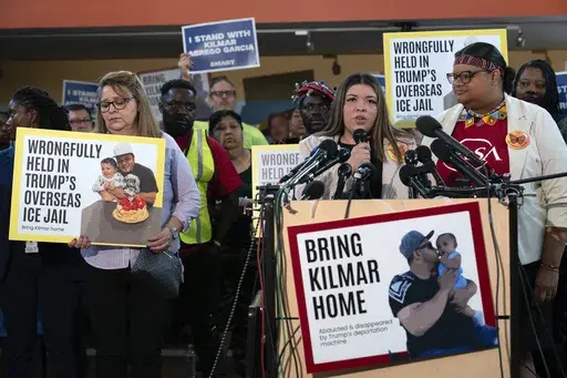Jennifer Vasquez Sura, the wife of Kilmar Abrego Garcia of Maryland, who was mistakenly deported to El Salvador, speaks during a news conference at CASA's Multicultural Center in Hyattsville, Md., April 4, 2025. (AP Photo/Jose Luis Magana, file)