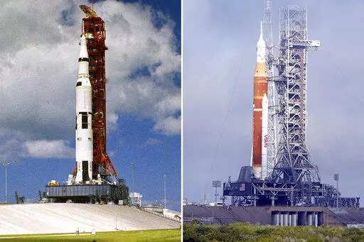 This combination of photos shows the Saturn V rocket with Apollo 12's spacecraft aboard on the launch pad at the Kennedy Space Center in 1969, left. At right is NASA's new moon rocket for the Artemis program with the Orion spacecraft on top at the Kennedy Space Center in Cape Canaveral, Fla., on March 18, 2022. Liftoff for the first Artemis mission is set for Monday, Aug. 29, 2022. (AP Photo)