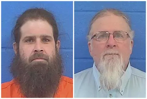 This combination of booking photos provided by Lincoln County, Miss., Sheriff's Department show Brandon Case, left, and his father, Gregory Charles Case, on Feb. 1, 2022. On Monday, May 8, 2023, a Mississippi judge set an August trial date for the men, who are accused of chasing and firing shots at the delivery vehicle driven by D'Monterrio Gibson in January 2022 near Brookhaven, Miss. (Lincoln County Sheriff's Department via AP, File)