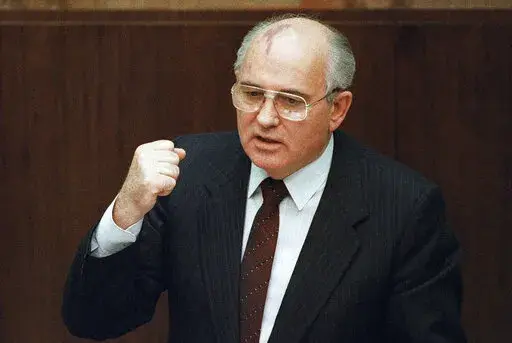Soviet President Mikhail Gorbachev says in Moscow that a local military commander ordered the use of force in the breakaway republic of Lithuania, where an assault by Soviet troops on Jan. 13, 1991 claimed 14 lives. Russian news agencies are reporting that former Soviet President Mikhail Gorbachev has died at 91. The Tass, RIA Novosti and Interfax news agencies cited the Central Clinical Hospital. (AP Photo/Boris Yurchenko, File)