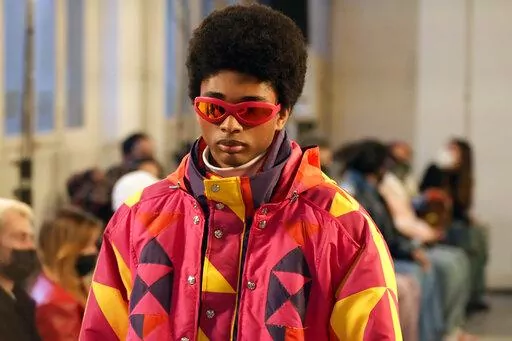 A model wears a creation for the Bluemarble fall-winter 22/23 men's collection, in Paris, Tuesday, Jan. 18, 2022. (AP Photo/Francois Mori)