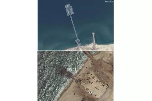 These images released by Maxar Technologies show the newly completed pier in the Gaza Strip on May 18, 2024, top, and the remaining section of the temporary pier on May 29, 2024. A string of security, logistical and weather problems have battered the plan to deliver desperately needed humanitarian aid to Gaza through a U.S. military-built pier. Broken apart by strong winds and heavy seas just over a week after it became operational, the project faces criticism that it hasn’t lived up to its in