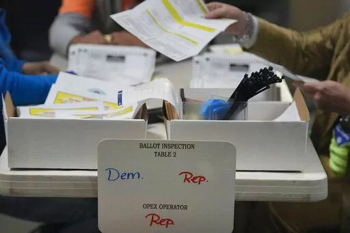 Election workers process ballots at the Clark County Election Department, on Nov. 10, 2022, in Las Vegas. A nonprofit that became a point of controversy for distributing hundreds of millions of dollars in election grants during the 2020 presidential campaign is releasing a fresh round of money to local election offices, including in states where Republican lawmakers tried to ban the practice. (AP Photo/Gregory Bull, File)