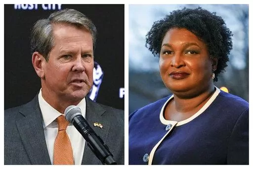 This combination of 2022 and 2021 file photos shows Georgia Gov. Brian Kemp, left, and gubernatorial Democratic candidate Stacey Abrams. Abrams is launching an intensive effort to get out the vote by urging potential supporters to cast in-person ballots the first week of early voting as she tries to navigate the state’s new election laws.  (AP Photo/Brynn Anderson, File)