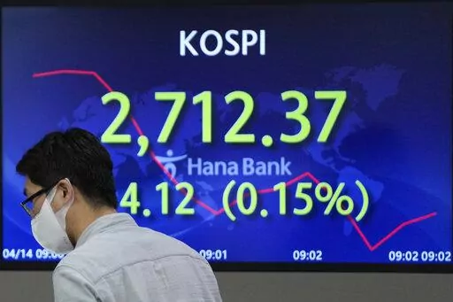A currency trader walks by the screen showing the Korea Composite Stock Price Index (KOSPI) at a foreign exchange dealing room in Seoul, South Korea, Thursday, April 14, 2022. Asian shares were mostly higher Thursday after an advance on Wall Street that ended a three-day losing streak. (AP Photo/Lee Jin-man)