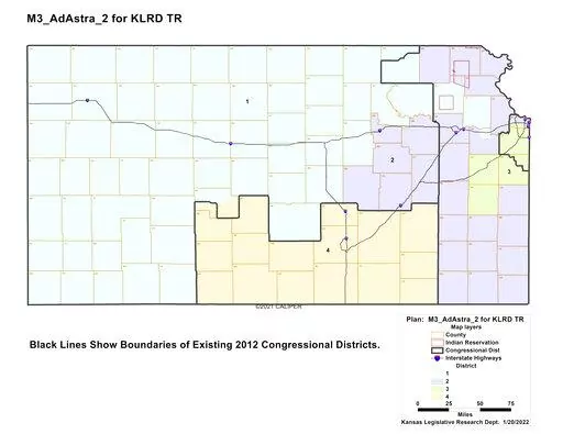 This image shows the "Ad Astra 2" congressional redistricting plan for Kansas drafted by the Kansas Legislative Research Department for Republican leaders in the GOP-controlled Legislature, Tuesday, Jan. 25, 2022, at the Statehouse in Topeka, Kan. The blue represents the new 1st Congressional District, and it takes in the city of Lawrence at its far eastern edge. (Kansas Legislative Research Department via AP)