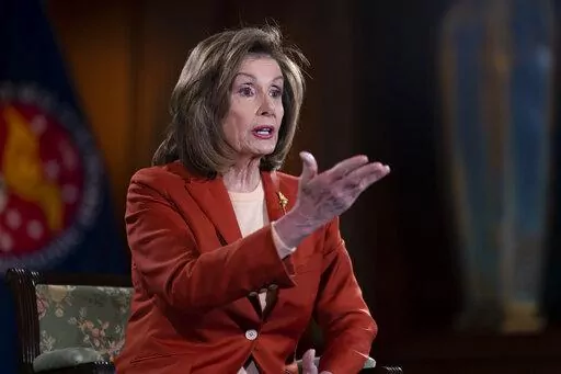 Speaker of the House Nancy Pelosi, D-Calif., talks to The Associated Press about the impact of the Jan. 6 attack by a mob loyal to then-President Donald Trump, on Capitol Hill in Washington, Wednesday, Jan. 5, 2022. Pelosi said she can never forgive Trump or the rioters for the trauma that they inflicted on the congressional staff. (AP Photo/J. Scott Applewhite)