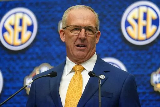 Southeastern Conference Commissioner Greg Sankey speaks during SEC Media Days, July 18, 2022, in Atlanta. The first Wednesday of February used to be the biggest day on the calendar for college football recruiting. Now it’s an afterthought. Sankey, who wasn’t a fan of the early signing period when it first took effect, has suggested it should be moved or eliminated. (AP Photo/John Bazemore, File)