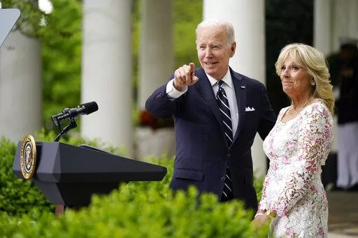 President Joe Biden points to Mexico's first lady Beatriz Gutierrez Muller as first lady Jill Biden watches as he speaks during a Cinco de Mayo event in the Rose Garden of the White House, May 5, 2022, in Washington. Jill Biden says she and the president don't hash out disagreements in front of other people, but argue instead by text. “Fexting” is what they call it. The first lady has revealed that and more in a new interview in the June-July issue of Harper's Bazaar. (AP Photo/Evan Vucci, F