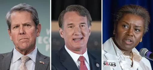 This combination photo shows Georgia Gov. Brian Kemp on Jan. 18, 2024, from left, Virginia Gov. Glenn Youngkin on Dec. 13, 2023, and Virginia Lt. Gov. Winsome Sears on Sept. 1, 2021. Many GOP leaders in battleground states are offering former President Donald Trump only tepid support, or not endorsing him at all, in the 2024 presidential election. (AP Photo)