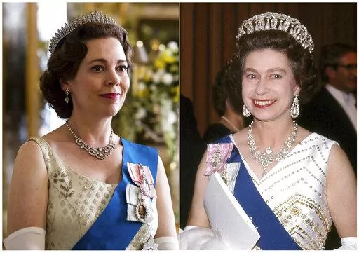 This combination of photos shows Olivia Colman portraying Queen Elizabeth II in a scene from the third season of "The Crown," left, and Queen Elizabeth II at the Sydney Opera House in Sydney, Australia on Oct. 20, 1973.  (Netflix, left, and AP Photo)