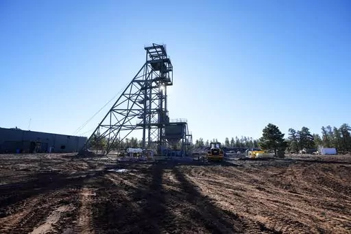 The shaft tower at the Energy Fuels Inc. uranium Pinyon Plain Mine is shown Wednesday, Jan. 31, 2024, near Tusayan, Ariz. The largest uranium producer in the United States is ramping up work just south of Grand Canyon National Park on a long-contested project that largely has sat dormant since the 1980s. (AP Photo/Ross D. Franklin)