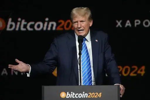 Republican presidential candidate former President Donald Trump speaks at the Bitcoin 2024 Conference Saturday, July 27, 2024, in Nashville, Tenn. (AP Photo/Mark Humphrey, File)