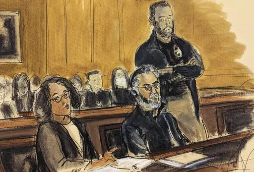 In this courtroom sketch, Guo Wengui, seated center, and his attorney, Tamara Giwa, left, appear in federal court in New York, March 15, 2023. Wengui, a self-exiled Chinese business tycoon whose criticism of the Communist Party won him legions of online followers and powerful friends in the American conservative movement, was convicted by a U.S. jury Tuesday, July 16, 2024 of engaging in a massive multiyear fraud that ripped off some of his most devoted fans. (AP Photo/Elizabeth Williams, File)