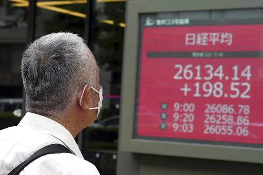 A person wearing a protective mask watches an electronic stock board showing Japan's Nikkei 225 index at a securities firm Monday, July 4, 2022, in Tokyo. Shares were mixed in Asia on Monday while U.S. futures fell ahead of the July 4 holiday in the U.S. (AP Photo/Eugene Hoshiko)