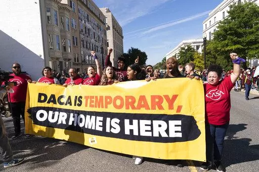 People rally outside the Capitol in support of the Deferred Action for Childhood Arrivals (DACA), during a demonstration on Capitol Hill in Washington, Thursday, Oct. 6, 2022. ( AP Photo/Jose Luis Magana)