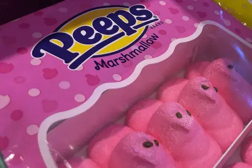 ADDS WHEN THE COMPANY STOPPED USING THE DYE - FILE - Marshmallow Peeps candy, which had contained the dye Red No. 3, is on display at a store in Lafayette, Calif., March 24, 2023. The company removed Red 3 from the product in 2024. (AP Photo/Haven Daley, File)