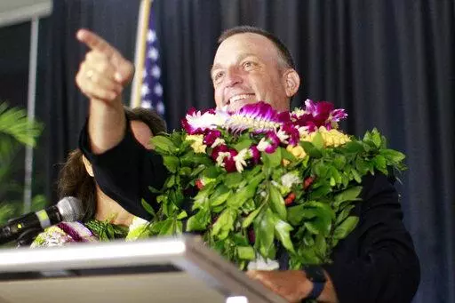 Democratic gubernatorial candidate Josh Green speaks at his campaign headquarters inside the Modern Hotel on Saturday, Aug. 13, 2022, in Honolulu. Lt. Gov. Green is the Democratic Party’s candidate to be Hawaii’s next governor. Green defeated U.S. Rep. Kaiali’i Kahele and former Hawaii first lady Vicky Cayetano in Saturday’s primary election.  (Jamm Aquino/Honolulu Star-Advertiser via AP)
