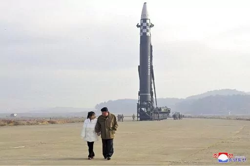 This photo provided on Nov. 19, 2022, by the North Korean government shows North Korean leader Kim Jong Un, right, and his daughter inspect the site of a missile launch at Pyongyang International Airport in Pyongyang, North Korea, Friday, Nov. 18, 2022. North Korea’s state media said its leader Kim oversaw the launch of the Hwasong-17 missile, a day after its neighbors said they had detected the launch of an ICBM potentially capable of reaching the continental U.S. Independent journalists were