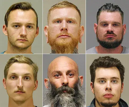 FILE - This photo combo shows from top left, Kaleb Franks, Brandon Caserta, Adam Dean Fox, and bottom left, Daniel Harris, Barry Croft, and Ty Garbin.   Defense attorneys have sought to dismiss the indictment against five men accused of plotting to kidnap Gov. Gretchen Whitmer because of what they describe as “egregious overreaching” by federal agents and informants. The Detroit News reports that defense attorneys filed a 20-page motion on Saturday, Dec. 25, 2021. (Kent County Sheriff via A