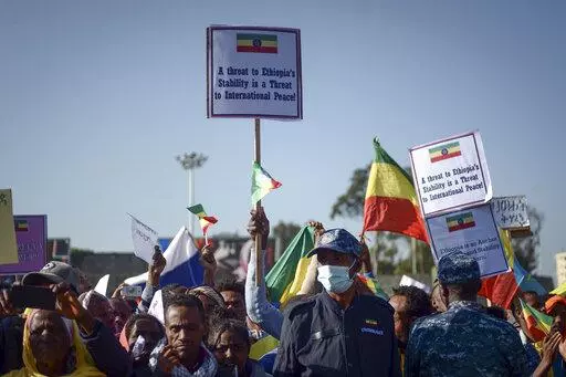 Ethiopians protest against what they say is interference by outsiders in the country's internal affairs and against the Tigray People's Liberation Front (TPLF), the party of Tigray's fugitive leaders, at a rally organized by the city administration in the capital Addis Ababa, Ethiopia Saturday, Oct. 22, 2022. A South Africa government spokesman says African Union-led peace talks to end Ethiopia's Tigray conflict have begun in South Africa on Tuesday, Oct. 25, 2022. (AP Photo, File)