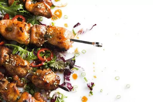 This image released by Milk Street shows a recipe for Maple and Soy-Glazed Chicken Skewers. (Milk Street via AP)