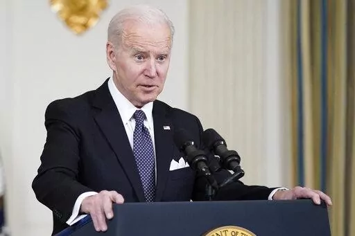 President Joe Biden speaks about Russian President Vladimir Putin and Russia's invasion of Ukraine after unveiling his proposed budget for fiscal year 2023 in the State Dining Room of the White House, Monday, March 28, 2022, in Washington. (AP Photo/Patrick Semansky)