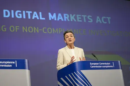 European Commissioner for Europe fit for the Digital Age, Margrethe Vestager speaks during a media conference regarding the Digital Markets Act at EU headquarters in Brussels, on March 25, 2024. European Union regulators accused social media company Meta Platforms on Monday, July 1, 2024 of breaching the bloc's new digital competition rulebook by forcing Facebook and Instagram users to choose between seeing ads or paying to avoid them. (AP Photo/Virginia Mayo)