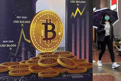 An advertisement for Bitcoin cryptocurrency is displayed on a street in Hong Kong, on Feb. 17, 2022. Bitcoin briefly hit an all-time high Tuesday, March 5, 2024, with the world's largest cryptocurrency surpassing $68,800, according to CoinMarketCap. (AP Photo/Kin Cheung, File)